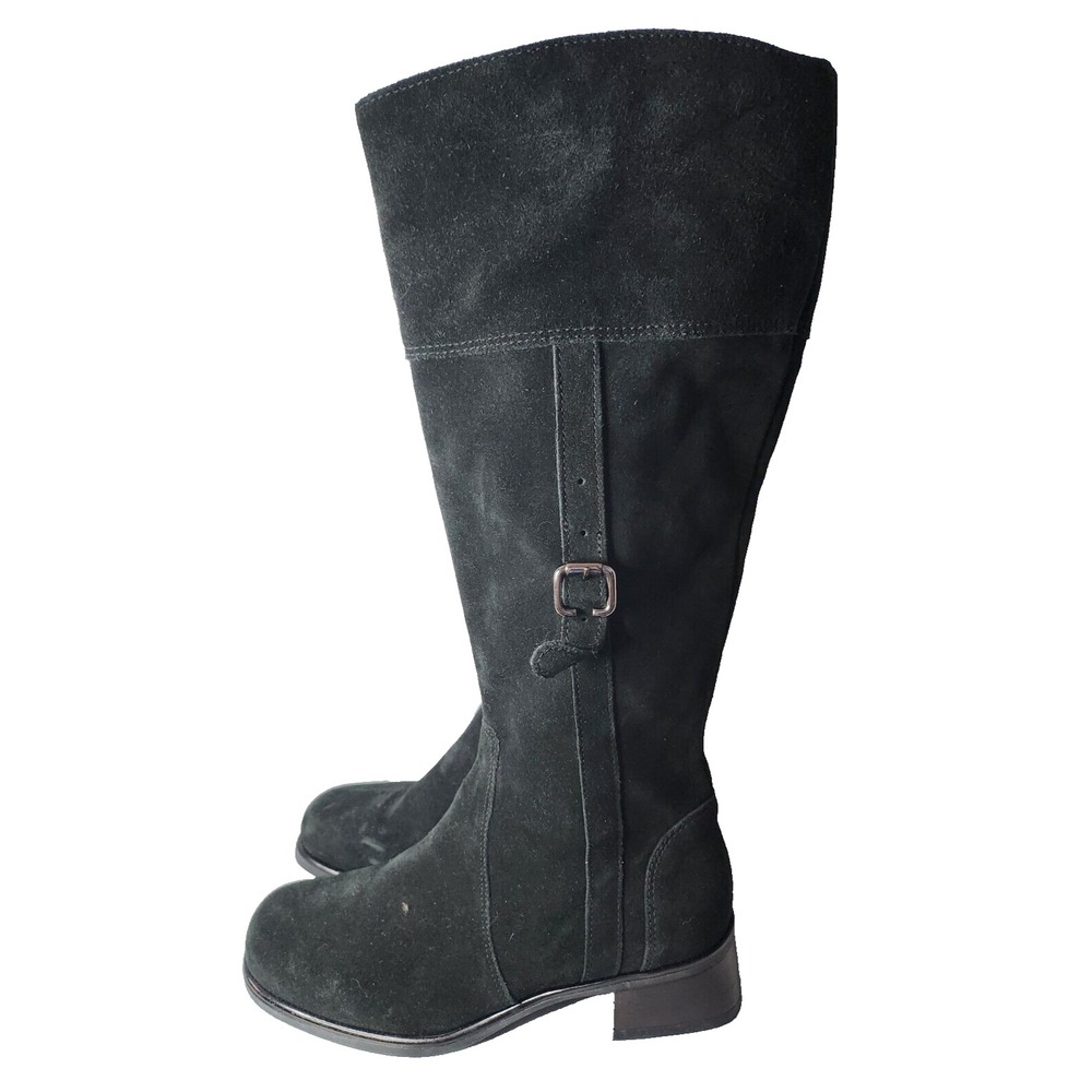 La Canadienne Womens Tall Boots Sz 7M Black Suede Leather Block Heel Round Toe